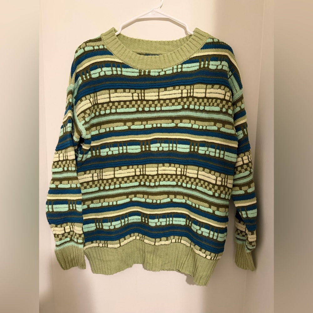 Wild Fable Textured Striped Knit Sweater Small Green Blue Cream